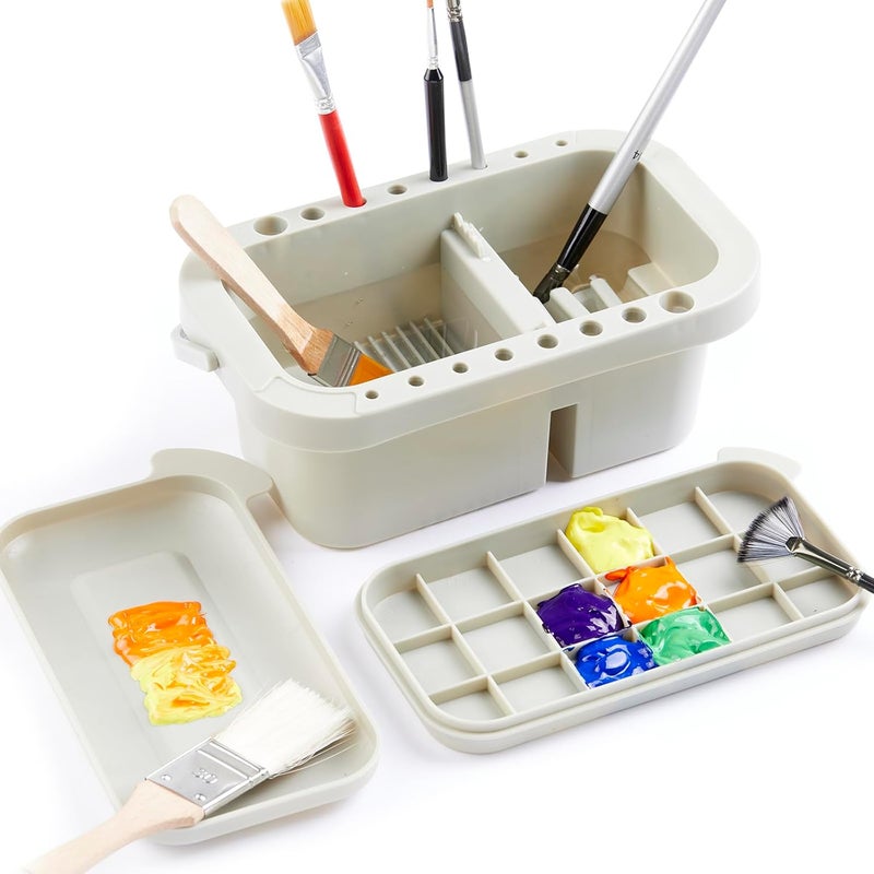 SEVENTY Paint Brush Basin with Palette,Painting Art Supply Storage Organizer for Acrylic, Watercolor, and Water-Based Paints(Grey) - Image 1